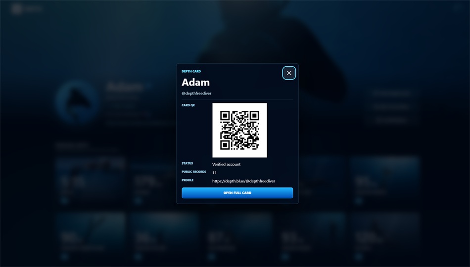 Depth Card preview with an athlete's QR code, public record count and profile link